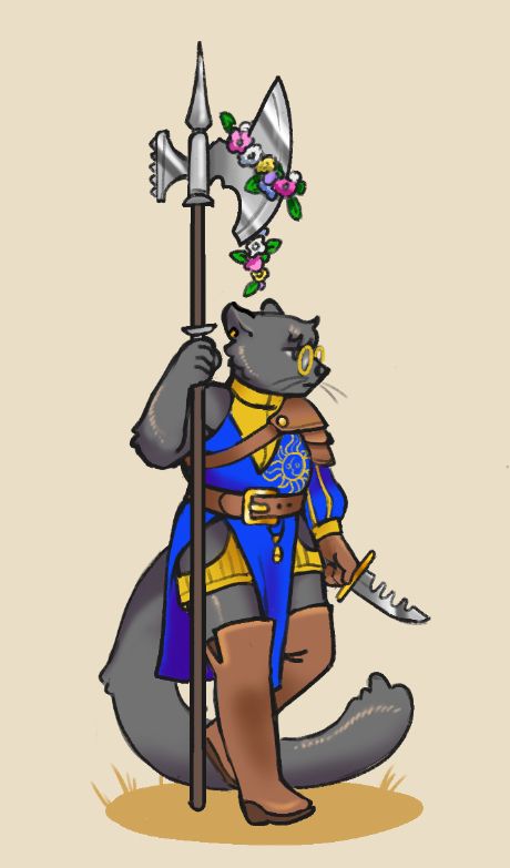 a sketch of an anthropomorphic binturong standing on her hind legs. she is wearing a tabard and shorts in bright yellow and blue, as well as high leather boots and a one-sided spaulder. she holds a halberd dressed with purple, white, yellow, and blue flowers, as well as a sword-breather knife.
