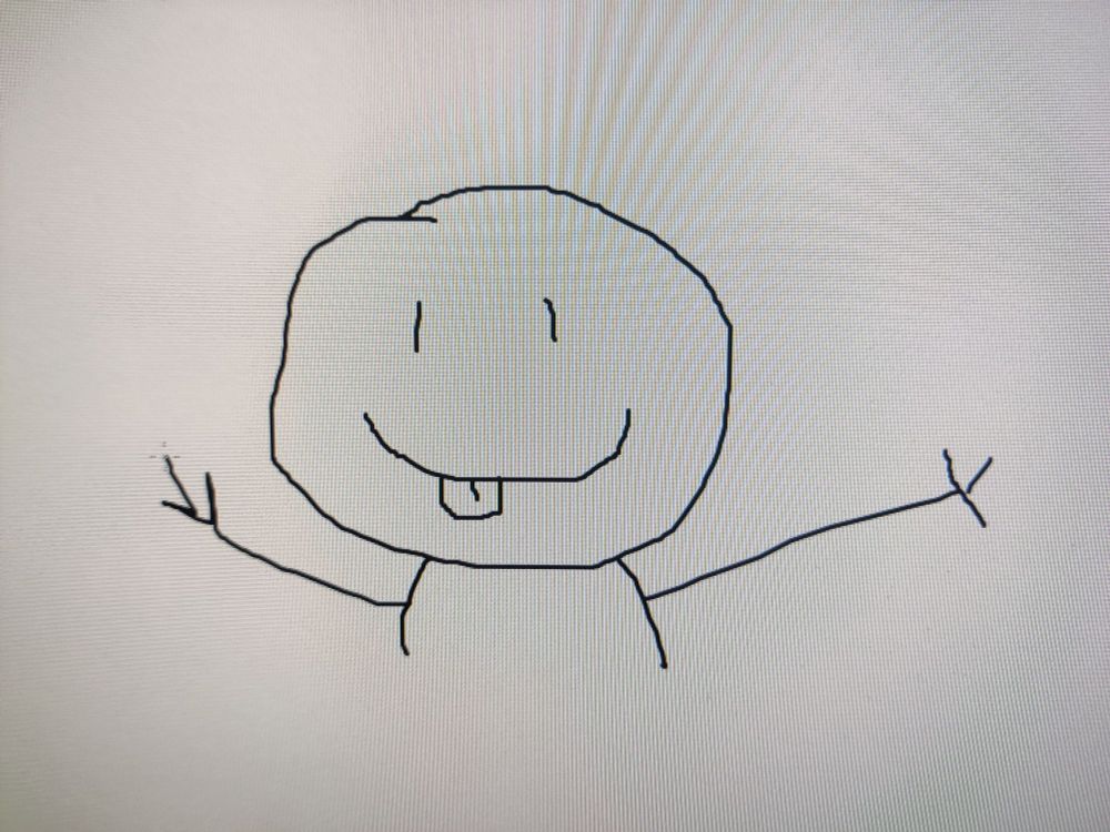 A photo of a screen with paint open. On a blank white canvas there is a simple man with a smile, cheeky tongue and wide open arms