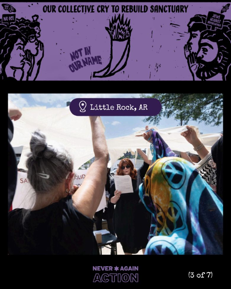 Black background with light purple banner at the top with black protestors and a shofar and flames says our collective cry to rebuild sanctuary. A photo in the middle has a group of mourners standing outside holding a white cloth outstretched over their heads. The photo has a dark purple location bubble that says Little Rock, AR. A purple NAA logo is centered at the bottom.