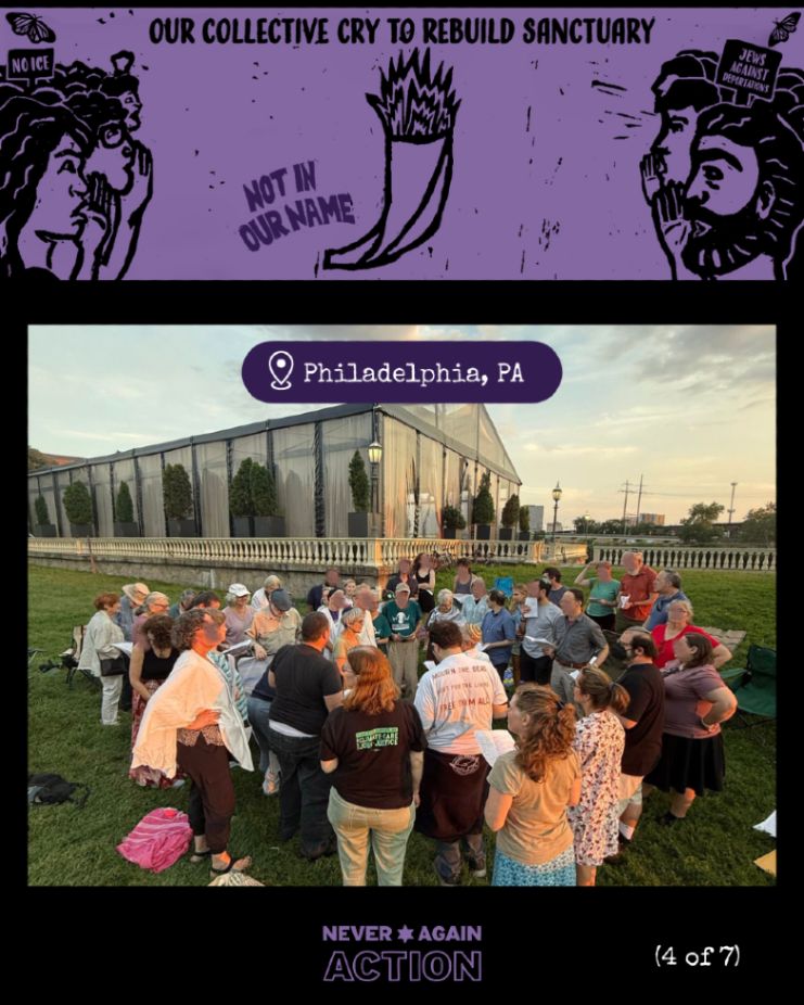 Black background with light purple banner at the top with black protestors and a shofar and flames says our collective cry to rebuild sanctuary. A photo in the middle has a group of mourners standing outside gathered in prayer. Folks in the photo are wearing talit and there are folding chairs. There is a glass greenhouse behind the group, and grass all around. The photo has a dark purple location bubble that says Little Rock, AR. A purple NAA logo is centered at the bottom.
