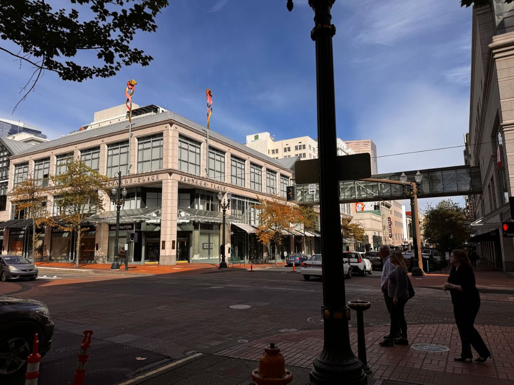 Pioneer Square, Portland OR. Peaceful scene of shoppers on a Saturday afternoon.