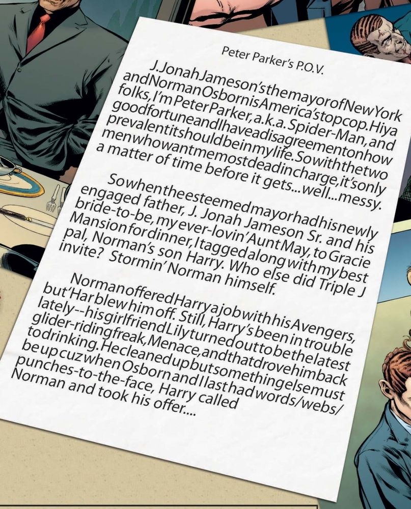 A comic panel depicts a summary page from Peter Parker's pov, and it's dense and convoluted and hard to read.