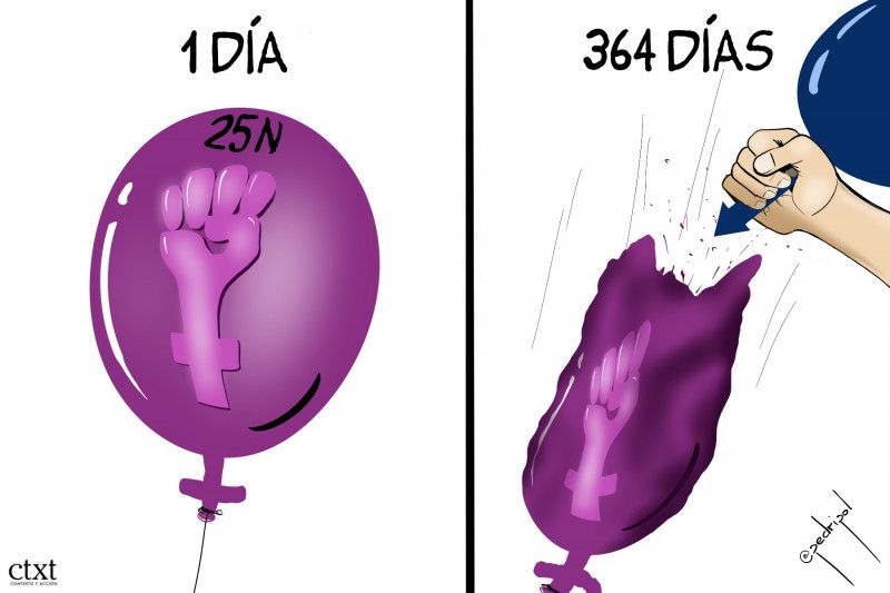 Viñeta 1: Un día. Un globo morado con la forma del símbolo de Venus (♀), que suele representar a las mujeres o lo femenino, con un puño dibujado y la inscripción "25N" se alza hacia el cielo.

Viñeta 2: 364 días. Una mano aparece por un lado y pincha el globo con la punta de la flecha del símbolo de Marte (♂), que suele representar a los hombres o lo masculino.