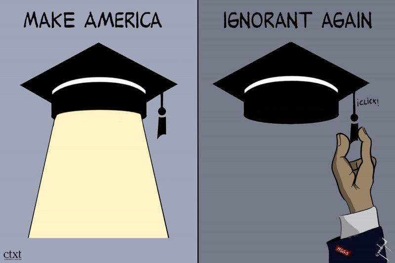 La imagen está dividida en dos. En la primera mitad pone "make America" y aparece un birrete irradiando luz. En la segunda mitad pone "ignorant again" y una mano tira de la cuerda del birrete para apagar la luz.