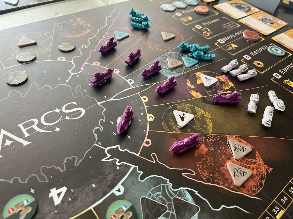 Arcs board game board and game pieces.