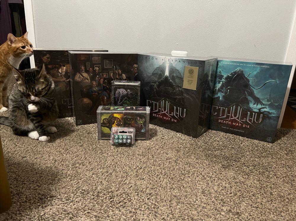 Cthulhu Death May Die boxes and cats