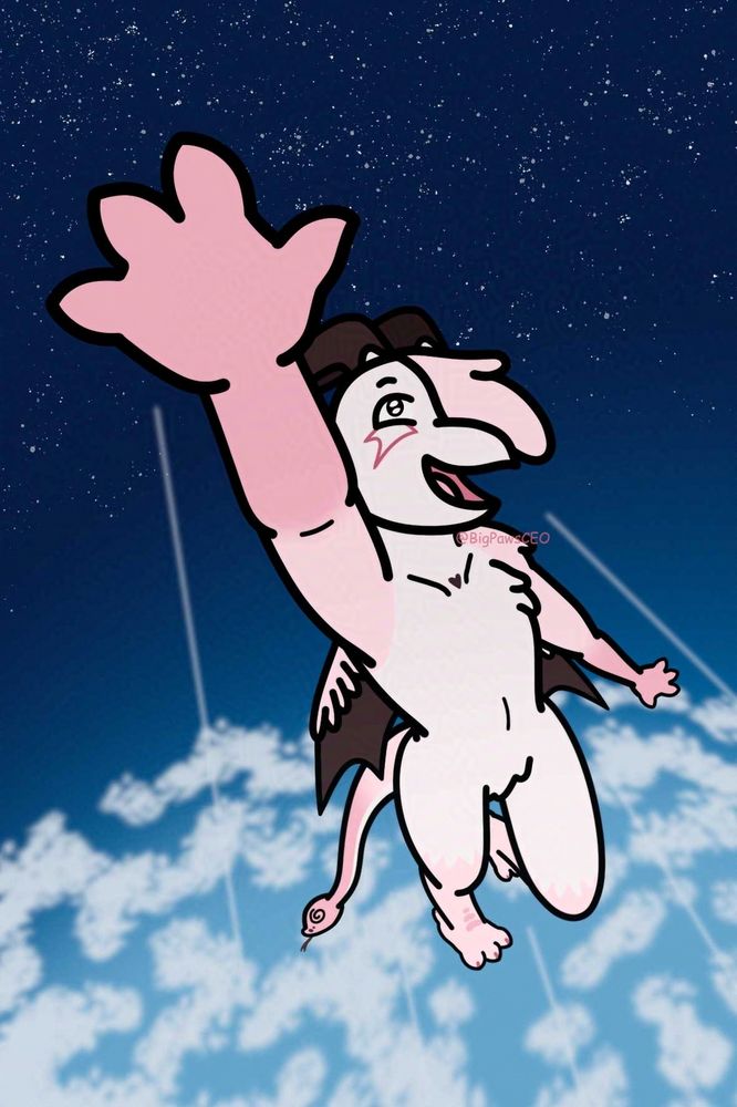 Furry drawing of a quimera. High angle where the character tries to reach the camera while his tail is getting dizzy. Background is the division between the sky and space.