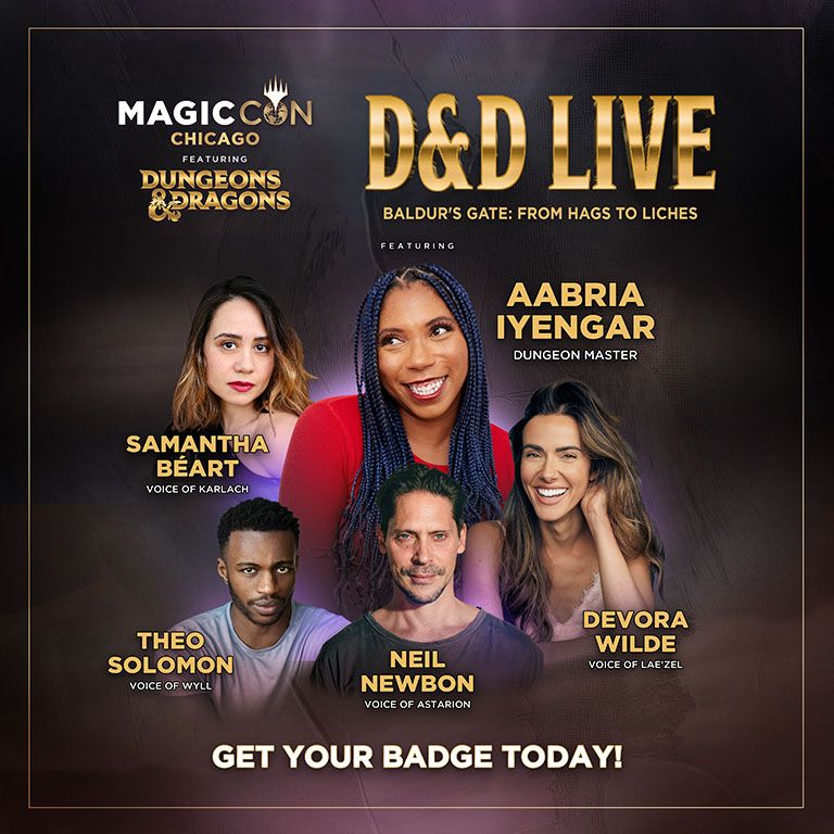 Five people are arranged together, four players around one Dungeon Master who stands out amongst the others. Each has a name and title. From Left to Right: Samantha Béart: The Voice of Karlach, Aabria Iyengar: Dungeon Master, Devora Wilde: The voice of Lae'zel, Neil Newbon: The voice of Astarion, Theo Solomon: The voice of Wyll.