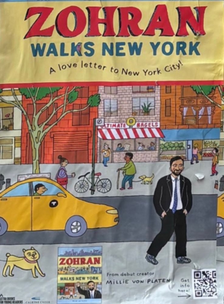 Promotional poster for a children’s book called Zohran Walks New York. 