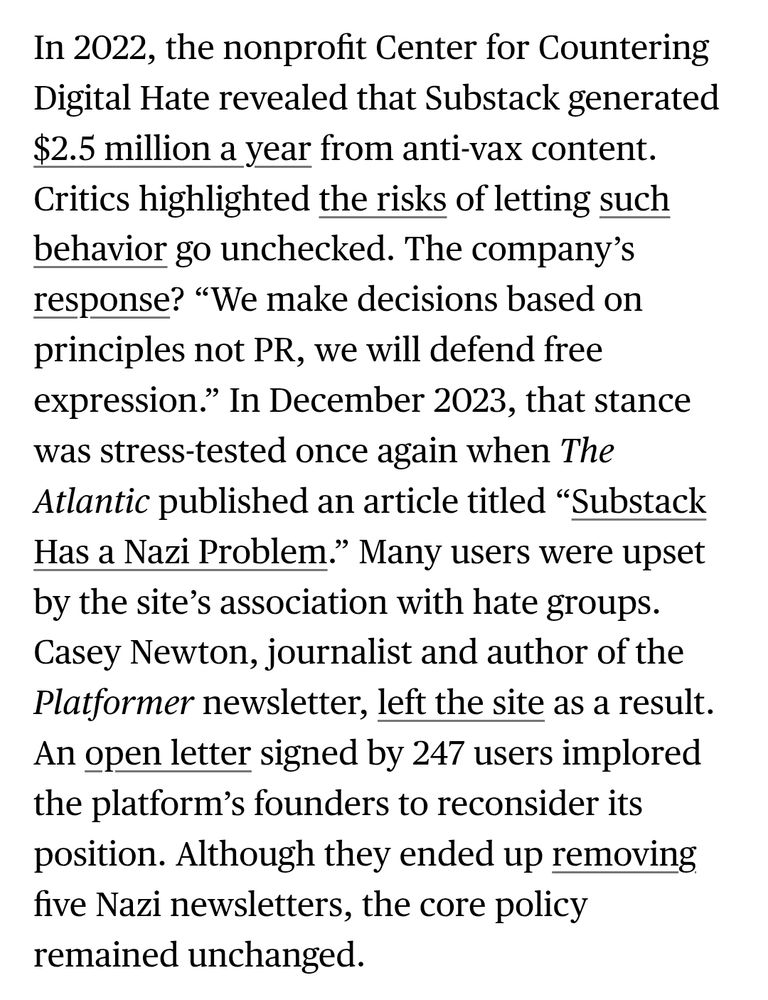 Screenshot of an excerpt from a March 2025 article about Substack from Bloomberg. The text is: In 2022, the nonprofit Center for Countering Digital Hate revealed that Substack generated $2.5 million a year from anti-vax content. Critics highlighted the risks of letting such behavior go unchecked. The company's response? 