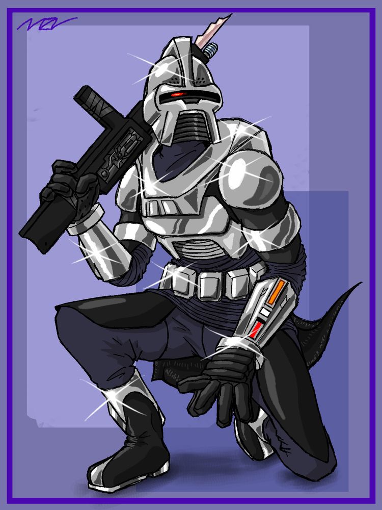 digital illustration of a cylon centurion from battlestar galactica (1978). its rifle is lazily held over its shoulder as it kneels down dramatically, skirt billowing as it does so