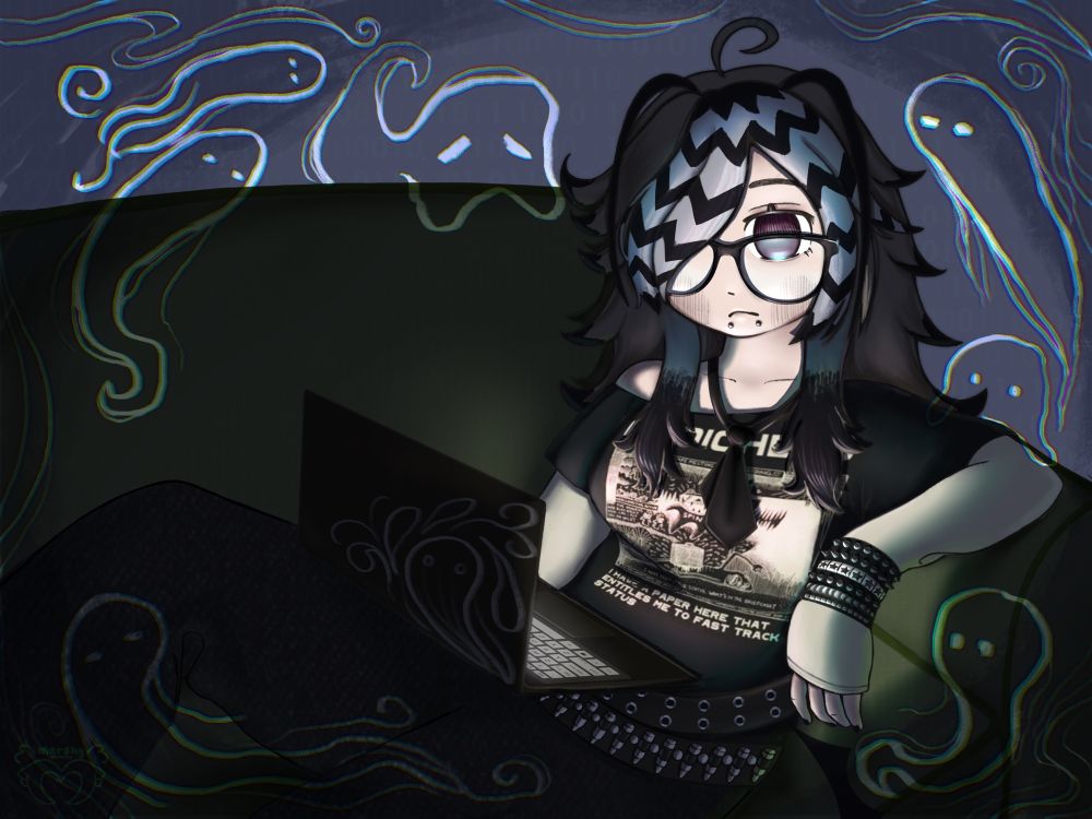 illustration of a girl with gray and brown hair plus black zigzag stripes, she’s wearing a loose tie, a radiohead tshirt with a pale green long sleeve undershirt, black jeans, glasses and some bracelets, she’s resting on a green couch while looking at her laptop, dark environment with ghost patterns and swirls on the edges
