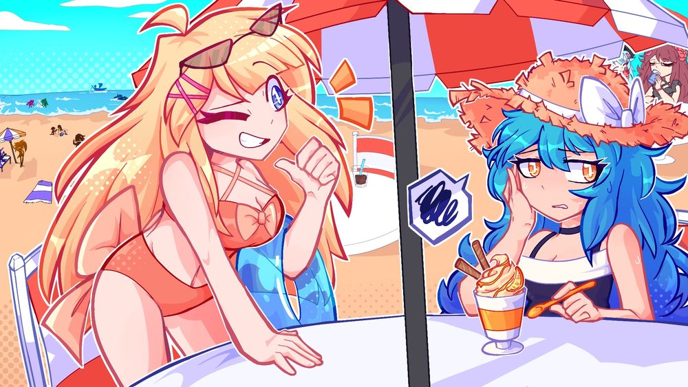 Various Hajimeli characters enjoying a day at the beach.