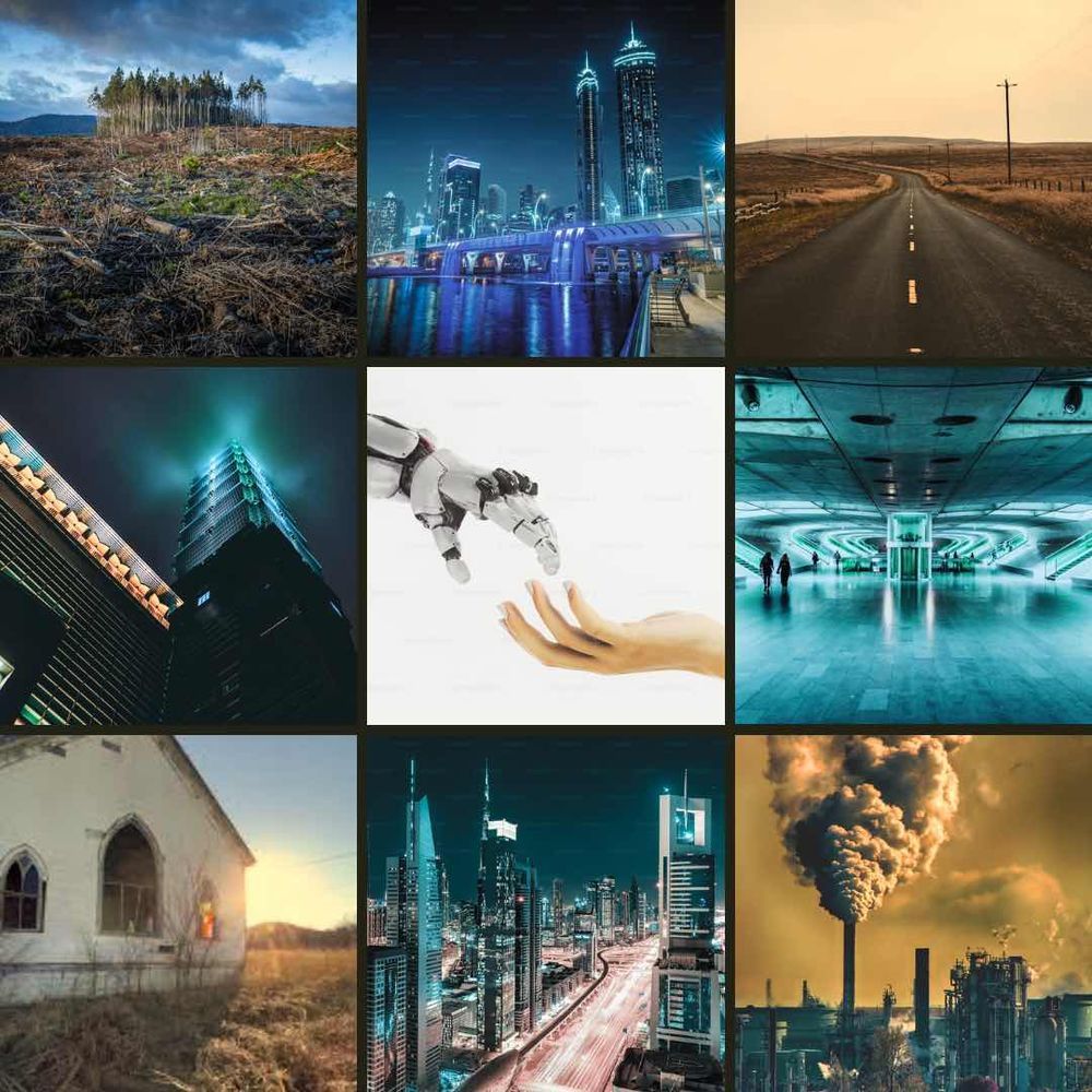 A mood board featuring rural decay alongside technology-filled cities and industry. A robot hand reaches for a human hand at the center.