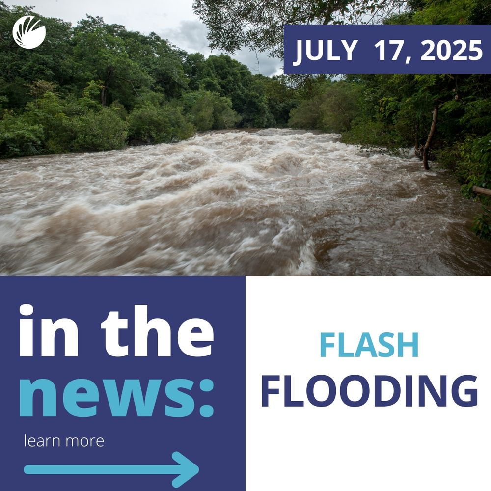 Image showing a swollen river during flash flooding, with surrounding greenery, dated July 17, 2025. Include text overlay: 'in the news: FLASH FLOODING' with a 'learn more' button.