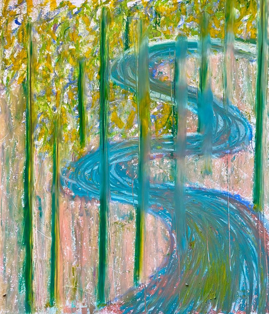 9x12 pastel painting shows a river flowing through thick woods. 