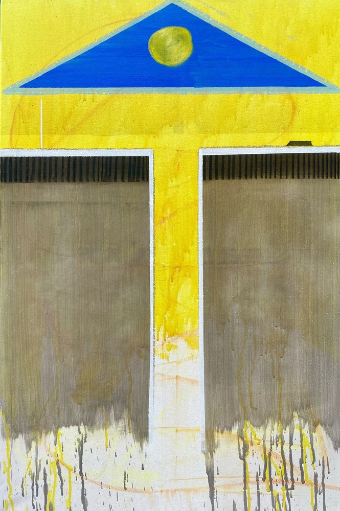 24x36 expressionist painting of Twin Towers falling on 9/11 which shows the towers falling like dripping paint. Acrylic and pastels. 