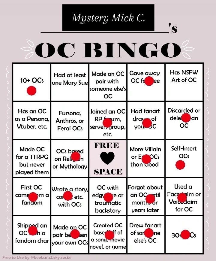 A 5x5 OC Bingo Card which 20 of the boxes are filled