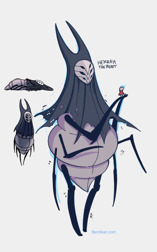 Herrah the Beast from Hollow Knight with a tiny baby Hornet in her claws. 