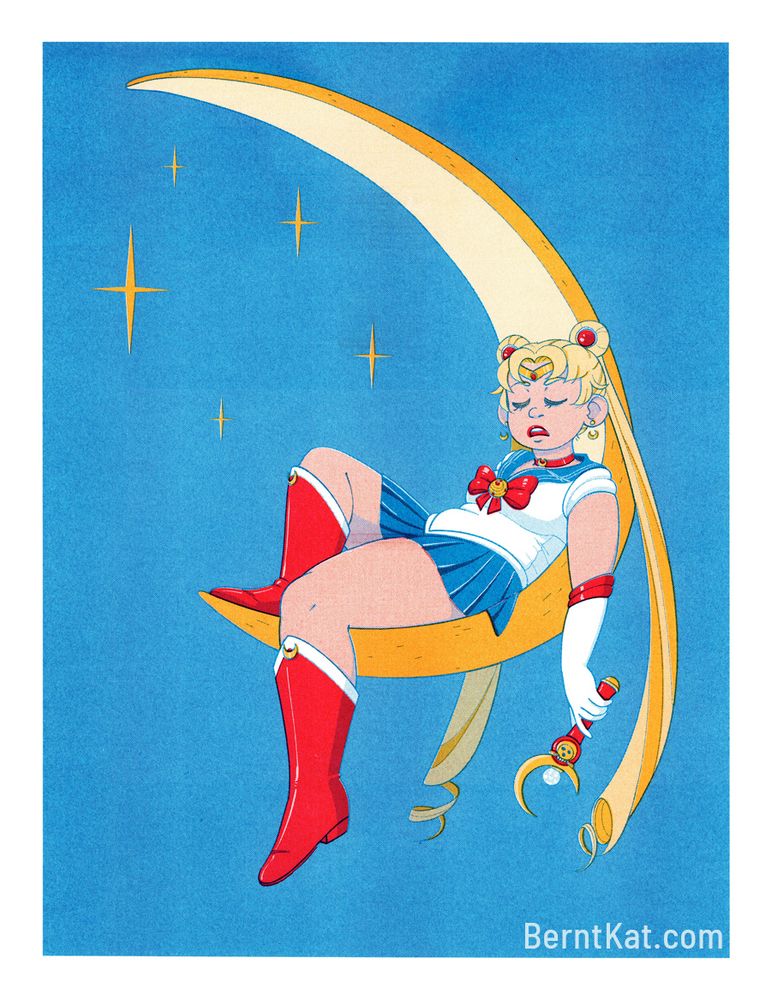 A 3 color risograph print of Sailor Moon sleeping on a crescent moon holding the moon wand.