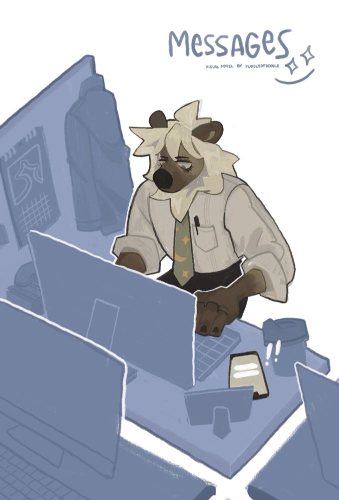 joey/josephine (gray hyena anthro with white hair) in regular black and white work attire with sage green tie got message notifications when he was working on his desk