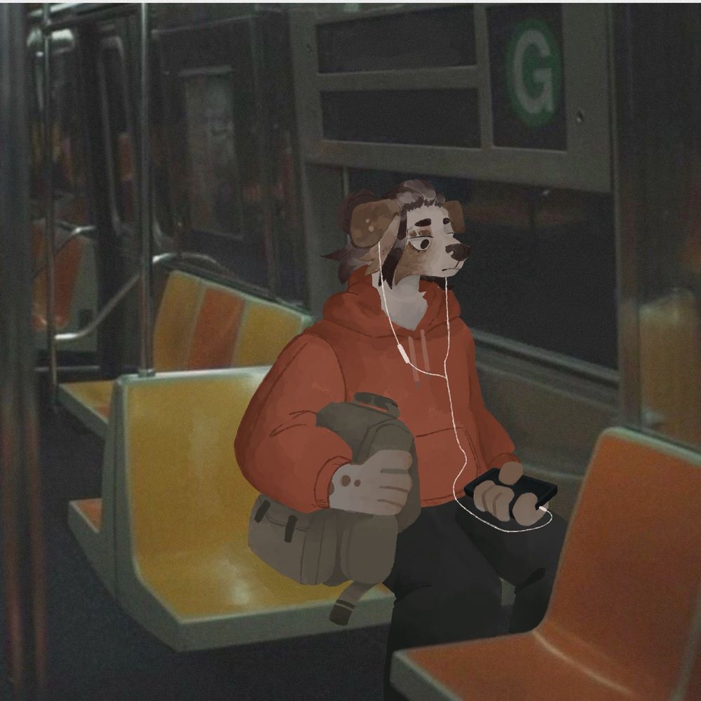a drawover of image taken from pinterest; a dog anthro depressingly staring out the buss window 