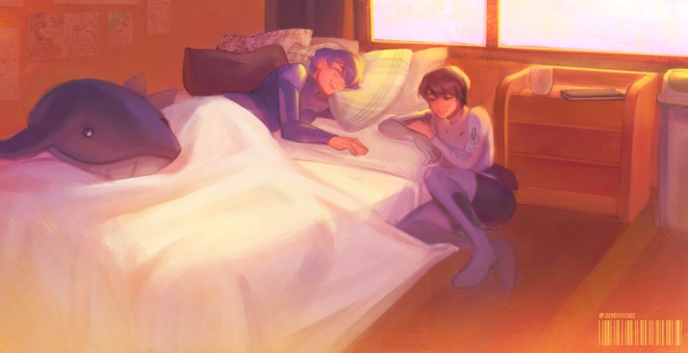 Two characters, Watcher and Blue, are lounging around in bed. Watcher is lying on her side with an arm tucked under a pillow, and Blue is sitting on the floor resting against the bed. Sunlight is filtering in through the window. They're happy.