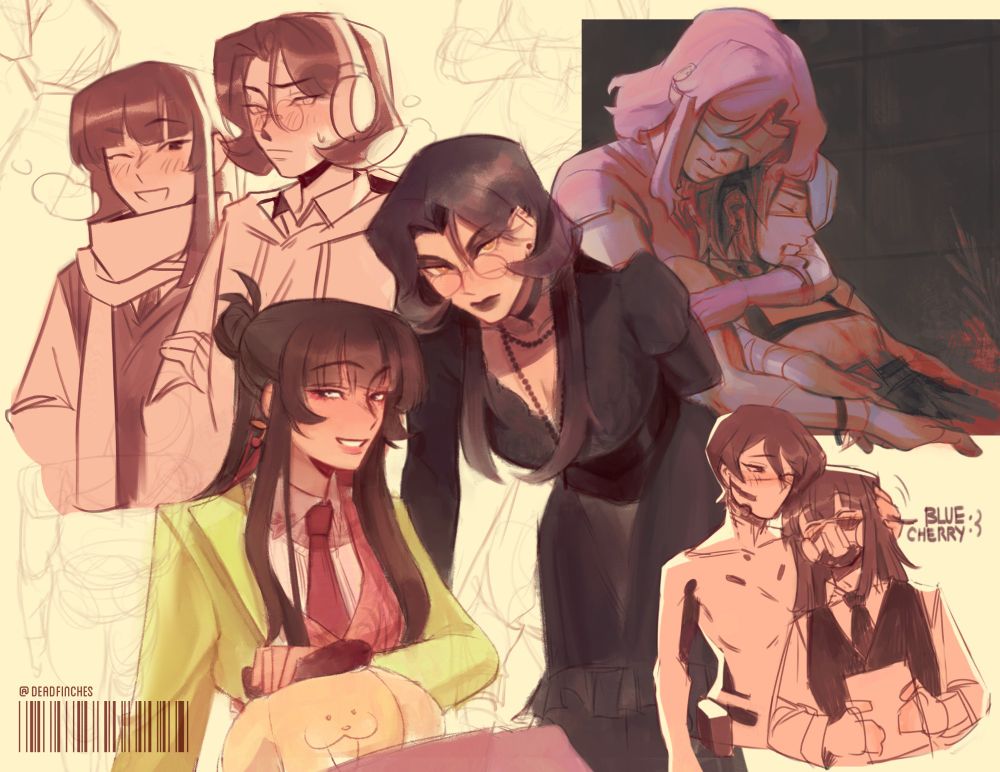 A compilation of artworks: Jiao and Iris on the top left have their arms linked. In the middle are Jiao and Iris except a bit older, jiao has an eccentric get-up, and iris is full-blown goth. On the top right corner, Healer has an injured BB in her arms. In the bottom right corner, Blue is caressing Cherry Jiao's hair. Cherry Jiao is very happy about it.