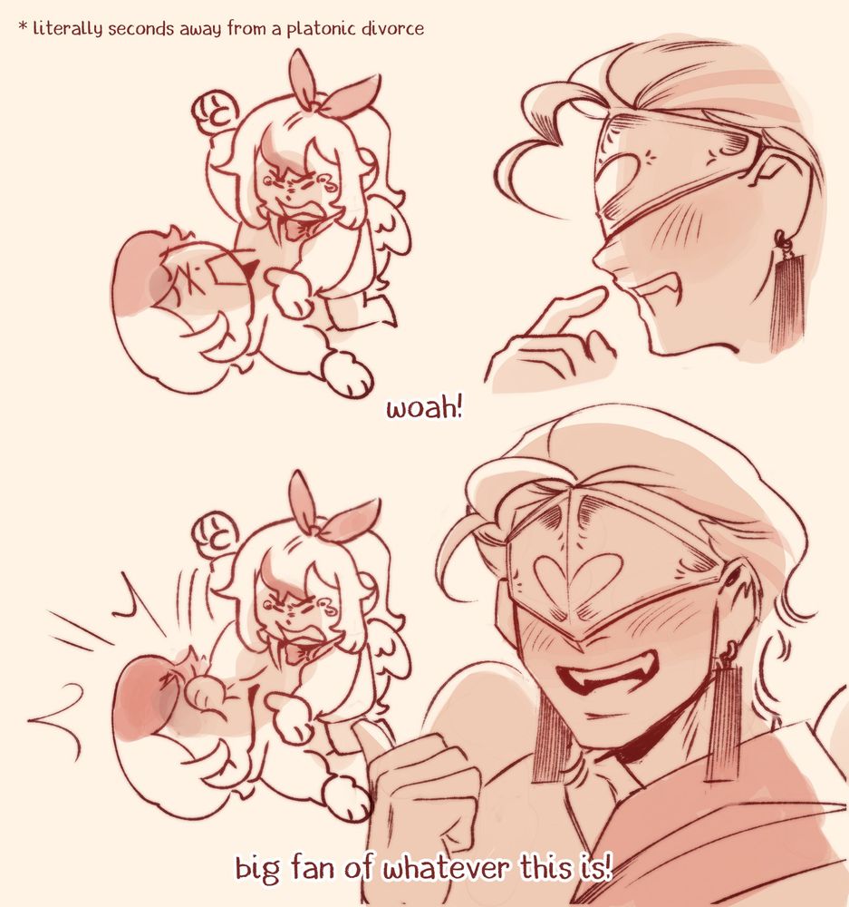 1: two cupids are duking it out. the one on top, Skye, has her fist raised.
There is another cupid on the side, observing the commotion. 
2: Skye lands a good punch on Jude's face, the observing cupid seems to get a kick out of this.

The text is as follows:

(Literally seconds away from a platonic divorce)
"Woah!"
"Big fan of whatever this is!"