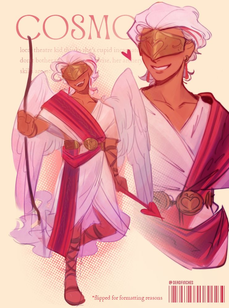 A character sheet for Cosmo.
She's fairly androgynous, dressed in white robes and a red sash. She has wings folded behind her back, and she's holding a bow and arrow.