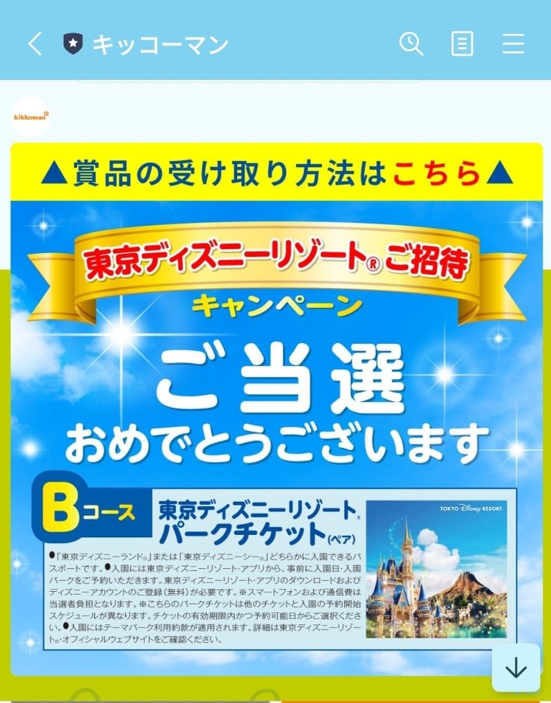 ディズニーリゾートペアチケット当選通知のスクショ
