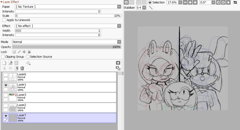 Sketchy of current project: Surge the Tenrec and Rachelin Rabiun the Mouse is posing that rizz up a confused (and bald?) Amy Rose