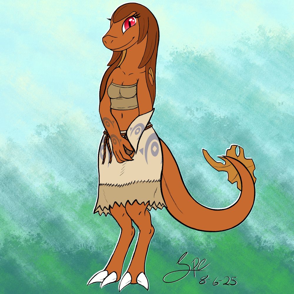an illustration of a female anthro lizard character
