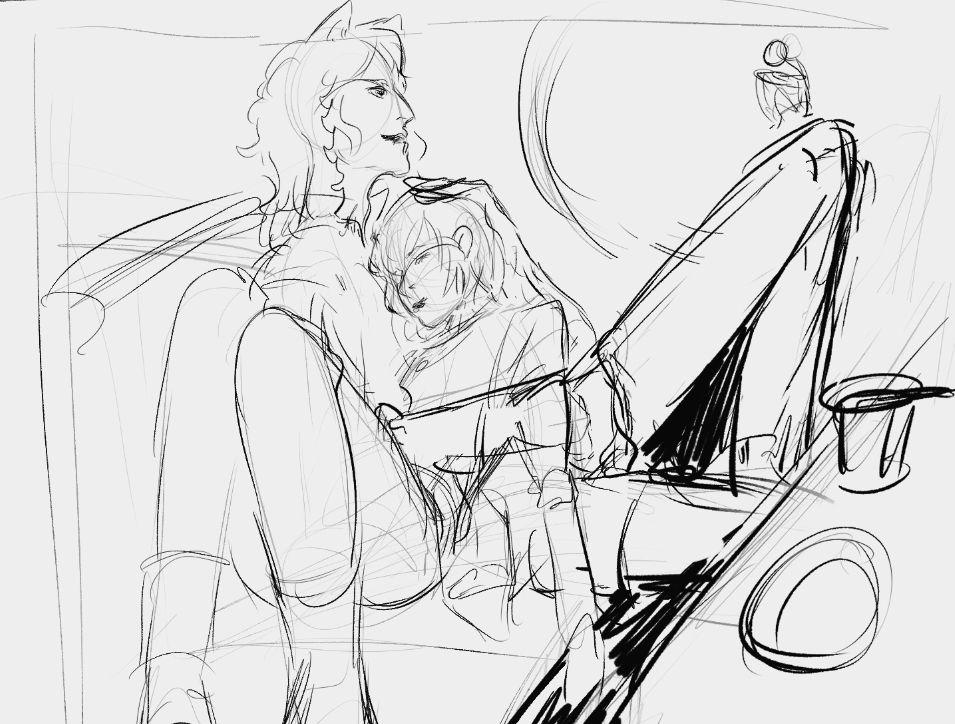 digital sketch of Basilio holding a sleeping Will and talking to a very tiny scribble that's supposed to be Gallica sitting on his knee
