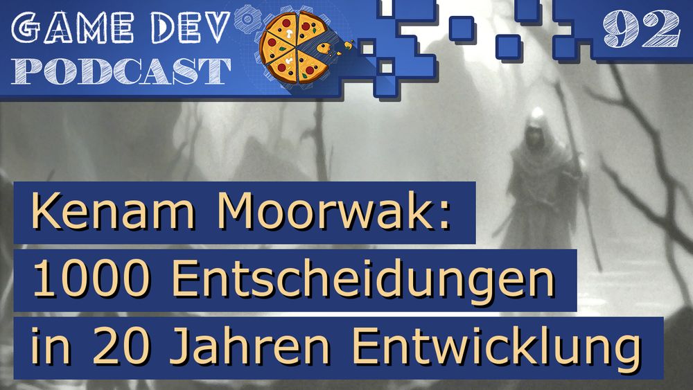 Titelbild der Episode 92. Der Titel der Folge ist "Kenam Moorwak: 1000 Entscheidungen in 20 Jahren Entwicklung". Im Hintergrund ein Bild in schwarz/weiß von einem Moor. Eine Person mit Gehstock und einer Art Mönchskutte watet durch das Moor.