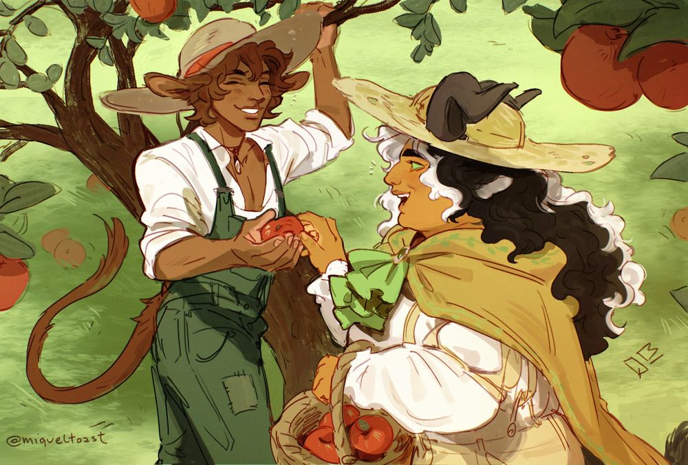 a digital illustration showing a firbolg (humanoid with cow features) guy offering an apple to what seems to be another, slightly shorter firbolg who's carrying a basket of apples. they're both smiling and radiant!