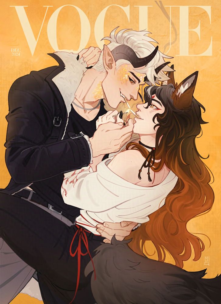 this couple OC commission was made to imitate a magazine cover style. it shows two fantasy boyfriends, the taller, horned one holding the shorter, fox-eared one by the waist. they each have a cigarette between their lips, lighting both at the same time by touching them together in the middle, one holding the lighter and the other hovering his hand to protect the flame. (it's a metaphor!! wow)