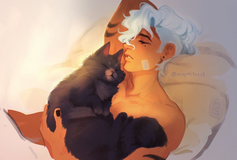 digital illustration of a shirtless, white-haired guy napping with a fluffy cat nestled against his chest, warm light streaming in through an off-screen window.