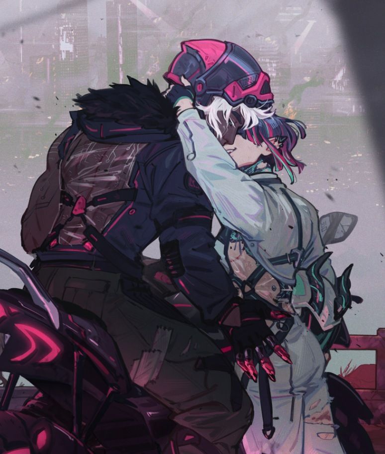 digital illustration of an oc couple in a cyberpunk dystopian setting. the're both dressed up for a motorbike ride, the city crumbling in the distance. mel is smiling and they're going for a kiss, giving the impression that they've made a successful getaway. (they might just be the villains of the story, too...)
