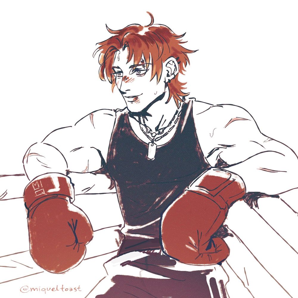 digital illustration of a red-haired man in the corner of a boxing ring, looking a little beaten up but smiling.