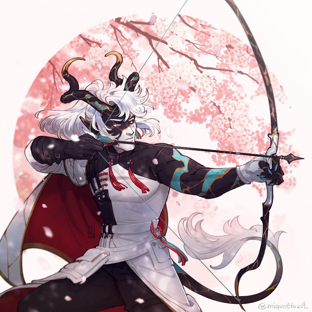 this digital illustration shows a tiefling with long, twisting horns. his skin is akin to broken porcelain (kintsugi). he has long white hair and a fluffy tuft on his tail. he's aiming a bow and arrow, looking focused. the background shows a branch of a cherry tree in full bloom.