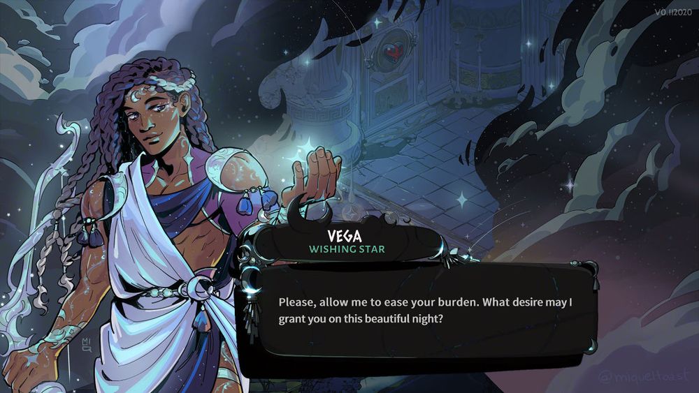 the image is made to look like a screenshot from the game hades II by supergiant games. it shows the dialog interface, with the character named Vega looking gentle and regal. He has his long purple hair braided, and shimmering markings on his dark skin, draped in something like a tunic. His hand is glowing as it reaches out, the other holding a bow behind him. The dialog box says: "Please, allow me to ease your burden. What desire may I grant you on this beautiful night?"