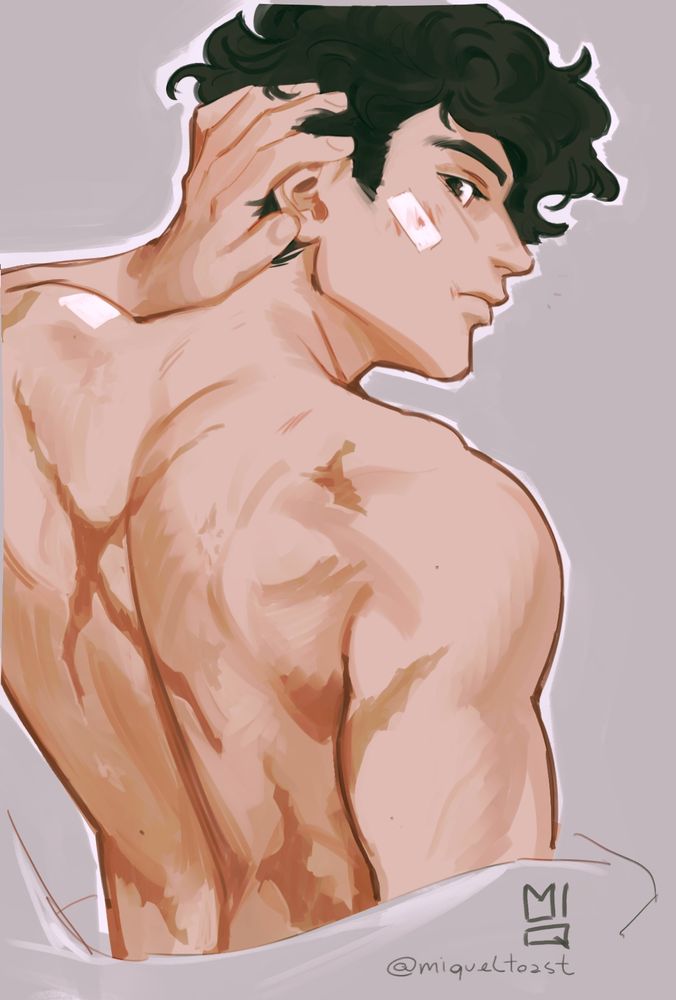 digital illustration of a shirtless, dark-haired man with his back to the viewer. his back is covered in gnarly scars. very hot.