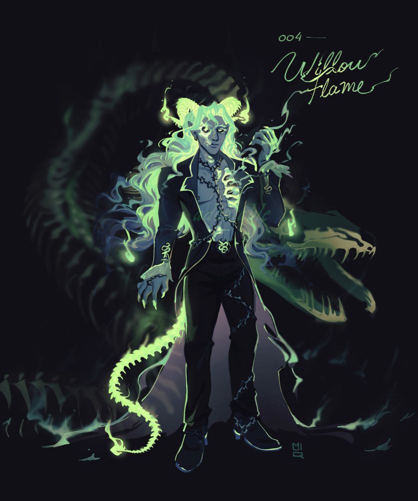 this digital illustration is of an adoptable (purchasable character design) depicting a ghostly man. he has chains around his body and his hair is long and spectral and flame-like. his bone-like horns and tail glow in the darkness. he has a big, skeletal snake, presumably under his control, in the background.
