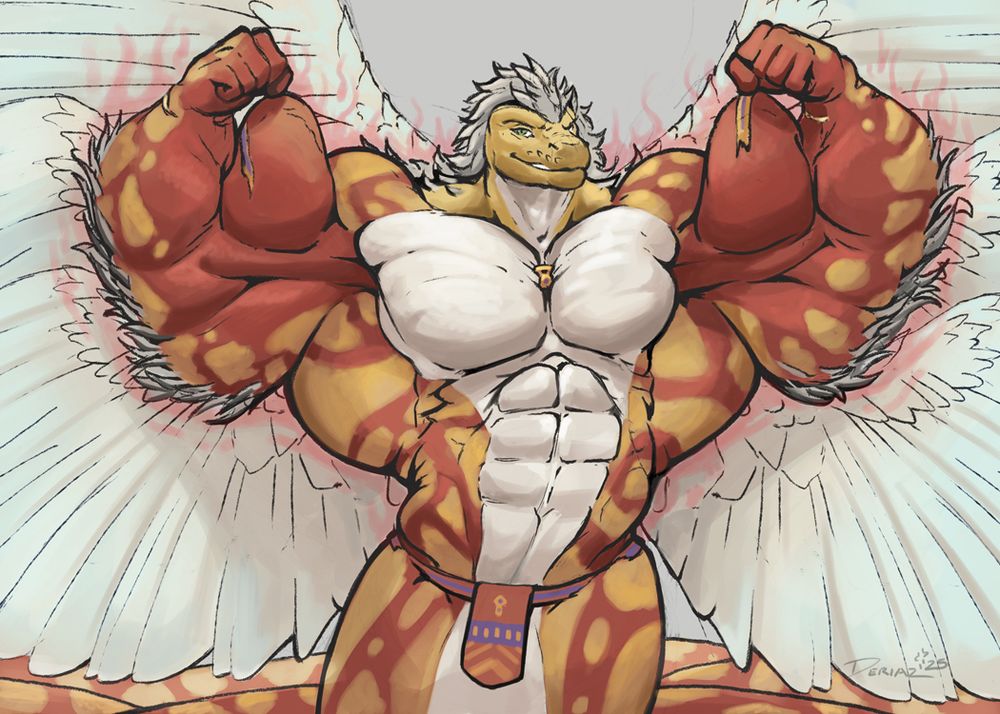 Third sketch in a sequence of a red and yellow naga character named Kukulcan. The naga is now doing a double bicep flex, looking enormous, with his biceps alone eclipsing the size of his head. The bands have completely broken now, and the necklace has snapped, the jewel squeezed between his chest. His waistband is barely hanging on. The two white wings have become a set of six!