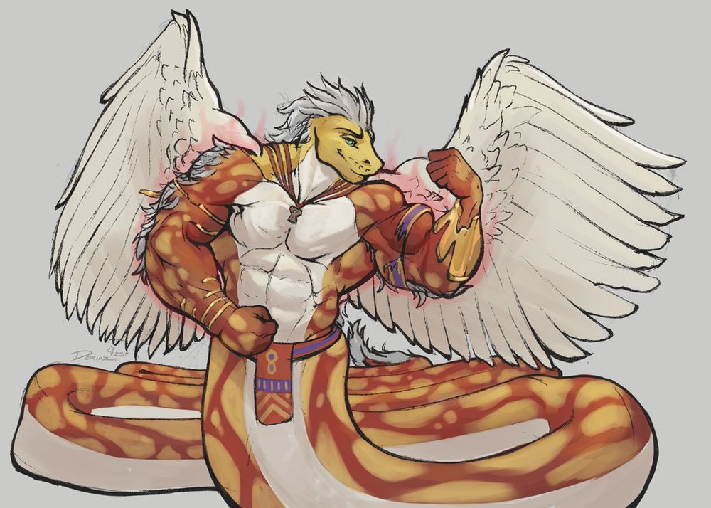 Second sketch in a sequence of a red and yellow naga character named Kukulcan. The character has grown in muscle, size, and tail length. The head-dress has disappeared, and the bands around their biceps and wrists are starting to bend and break. Two large white wings have sprouted behind them.