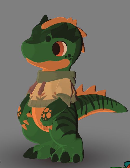 A green and orange dinosaur from the game Amber Isle.