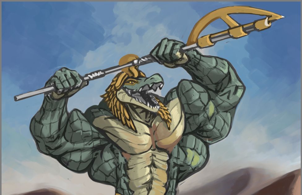 Crop of a WIP. A large, muscular crocodile stands in the desert, cropped from the abdomen up, holding up a large golden staff as he roars triumphantly.