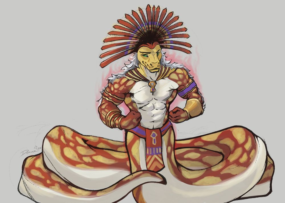 First sketch in a sequence of a red and yellow naga character named Kukulcan. They are dressed in a religious garb, glowing with a reddish-pink energy, as they hunch over in a crab flex, showing off their respectable body, tail coiled and bunch around behind them.