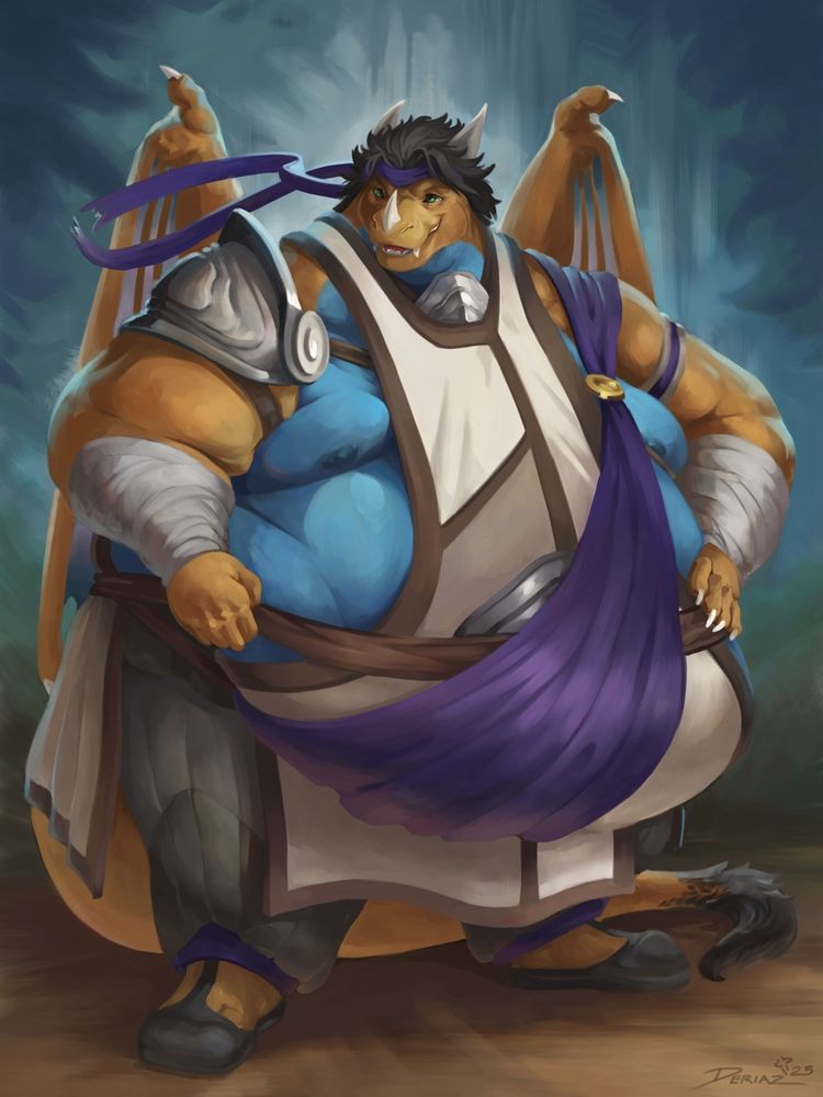 A heavyset orange-and-blue dragon anthro stands proudly amongst a teal-green backdrop. He is clothed in a fantasy monk apparel, one metal shoulder pauldron on the left shoulder. His tabard is open on the sides, revealing his immense stomach, held up by two belts and a large purple silken sash. A similar purple bandana is tied around his head amongst his black hair, fluttering in the breeze.